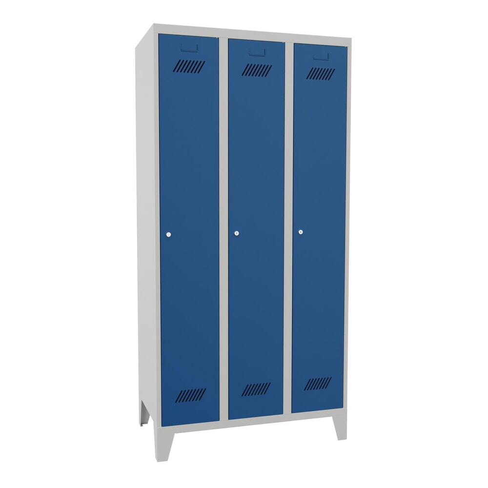Produktabbildung: PAVOY Kleiderspind mit Füssen + Zylinderschloss, 3 Abteile, HxBxT 1.850 x 900 x 500 mm, enzianblau, lichtgrau
