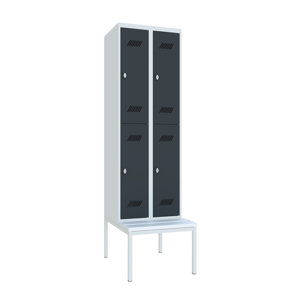 Produktabbildung: PAVOY Kleiderspind mit Sitzbank, 2-stöckig, 2 x 2 Fächer à 300 mm, Drehriegelverschluss, anthrazitgrau, lichtgrau