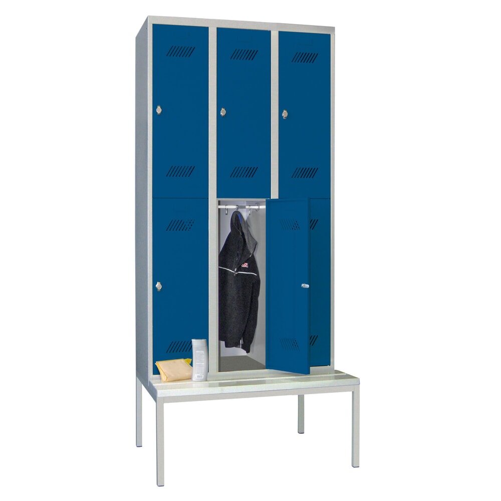 Produktabbildung Nr. 2: PAVOY Kleiderspind mit Sitzbank, 2-stöckig, 3 x 2 Fächer à 300 mm, Drehriegelverschluss, enzianblau, lichtgrau