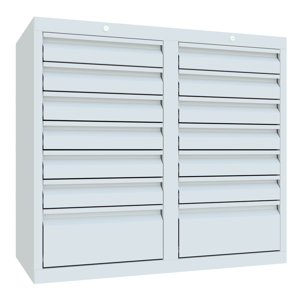 PAVOY Leichter Schubladenschrank, Rollenführung, Schubladen 12x100 + 2x200 mm, Breite 1.000 mm, lichtgrau, lichtgrau Produktabbildung: PAVOY Leichter Schubladenschrank, Rollenführung, Schubladen 12x100 + 2x200 mm, Breite 1.000 mm, lichtgrau, lichtgrau