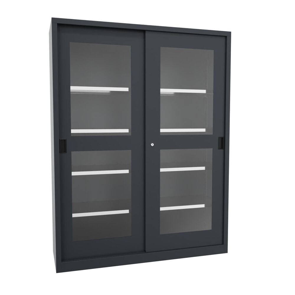 Produktabbildung: PAVOY Schiebetürenschrank mit Sichtfenstern, 8 Fachböden + Trennwand, HxBxT 1.950 x 1.500 x 500 mm, anthrazitgrau, anthrazitgrau