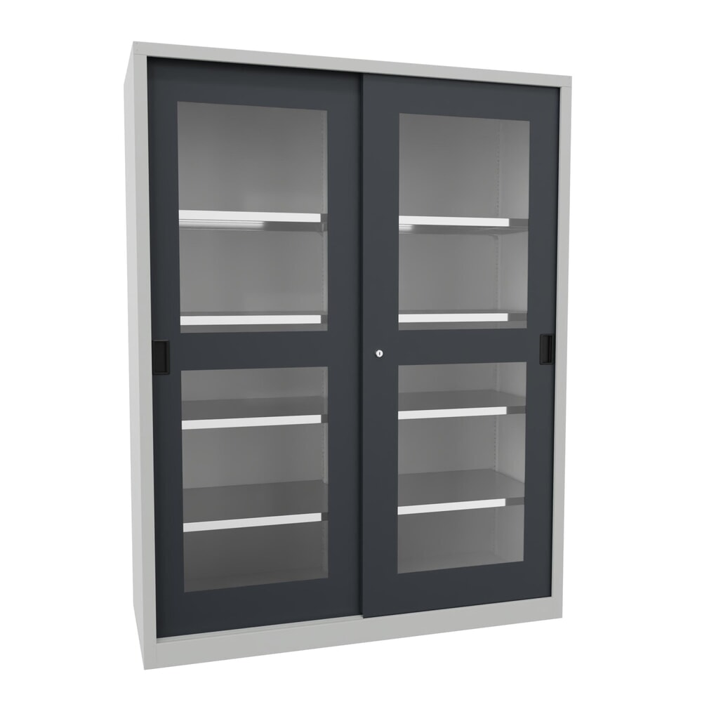 Produktabbildung: PAVOY Schiebetürenschrank mit Sichtfenstern, 8 Fachböden + Trennwand, HxBxT 1.950 x 1.500 x 600 mm, anthrazitgrau, lichtgrau