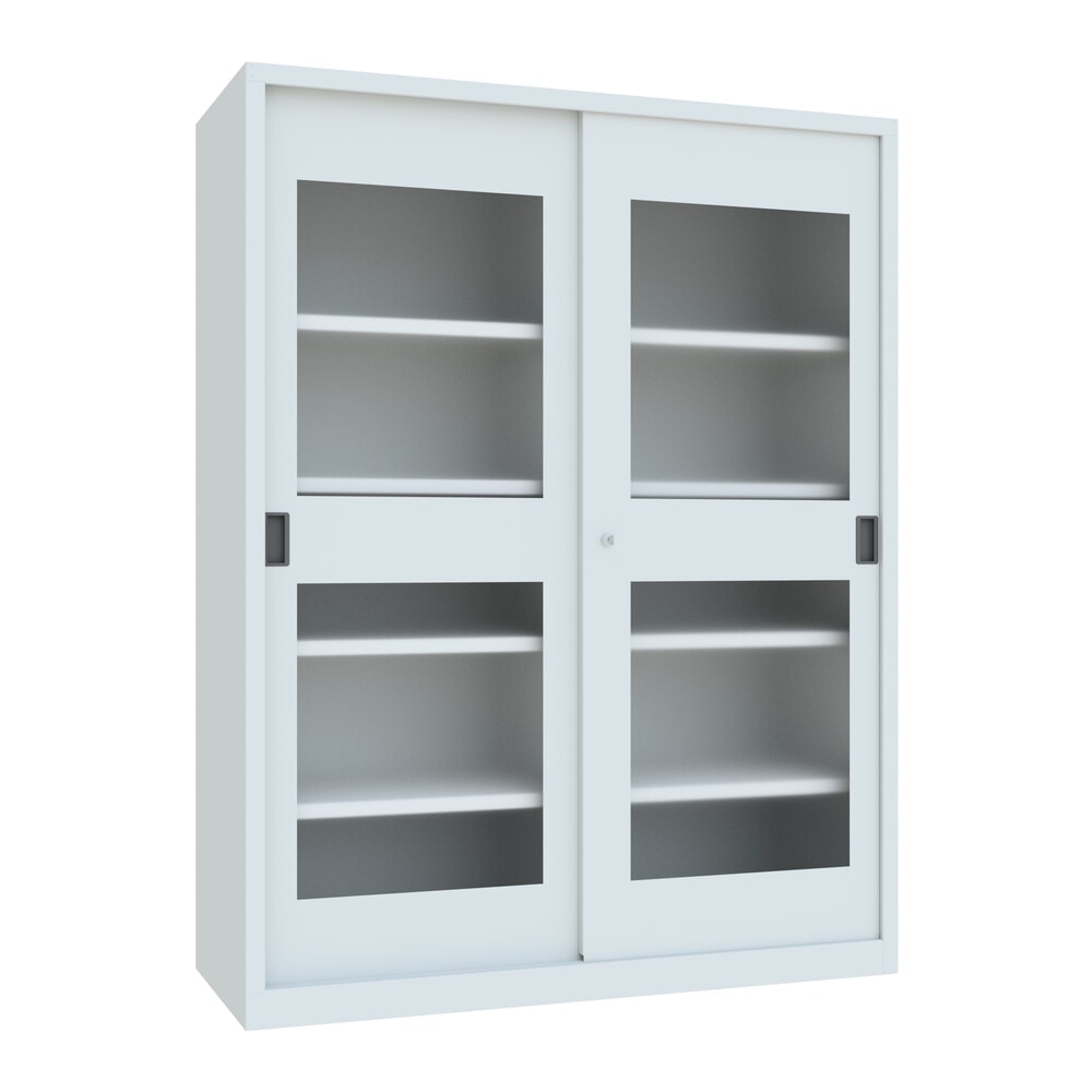 Produktabbildung: PAVOY Schiebetürenschrank mit Sichtfenstern, 8 Fachböden + Trennwand, HxBxT 1.950 x 1.500 x 600 mm, lichtgrau, lichtgrau