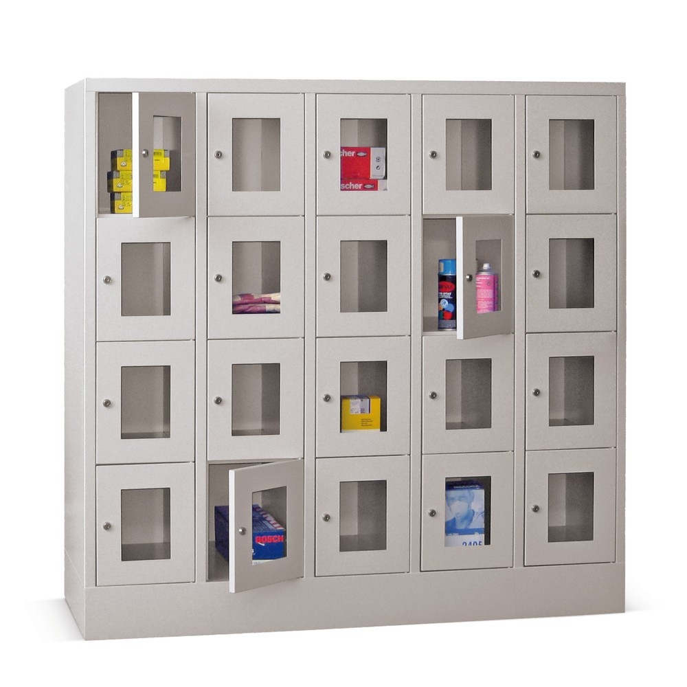 Produktabbildung: PAVOY Schliessfachschrank mit Sichtfenster, 5 x 4 Fächer, HxBxT 1.518 x 1.500 x 500 mm, enzianblau, lichtgrau