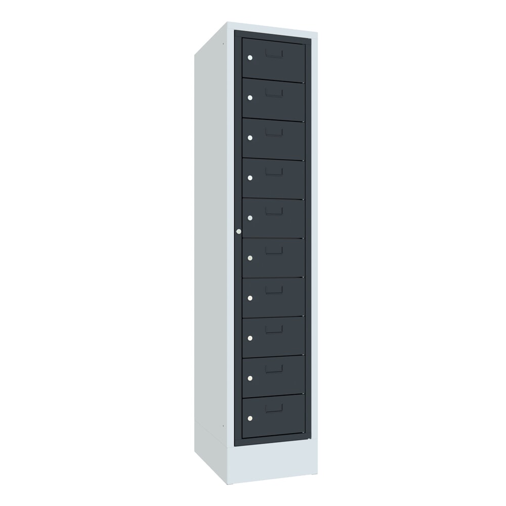 Produktabbildung: PAVOY Schliessfachschrank mit Zentraltür, 1 x 10 Fächer, HxBxT 1.850 x 400 x 500 mm, mit Sockel, anthrazitgrau, lichtgrau