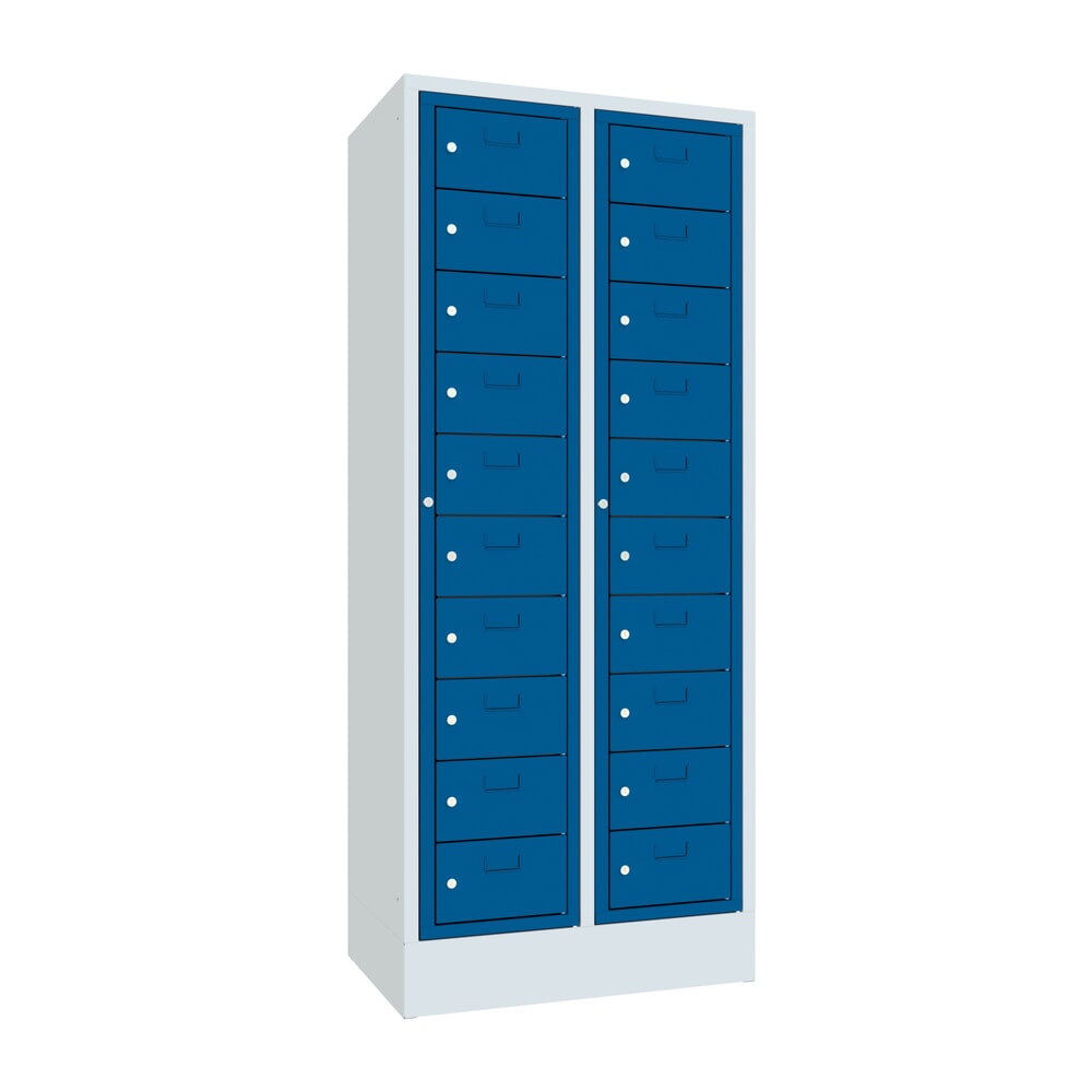 Produktabbildung: PAVOY Schliessfachschrank mit Zentraltür, 2 x 10 Fächer, HxBxT 1.850 x 770 x 500 mm, mit Sockel, enzianblau, lichtgrau