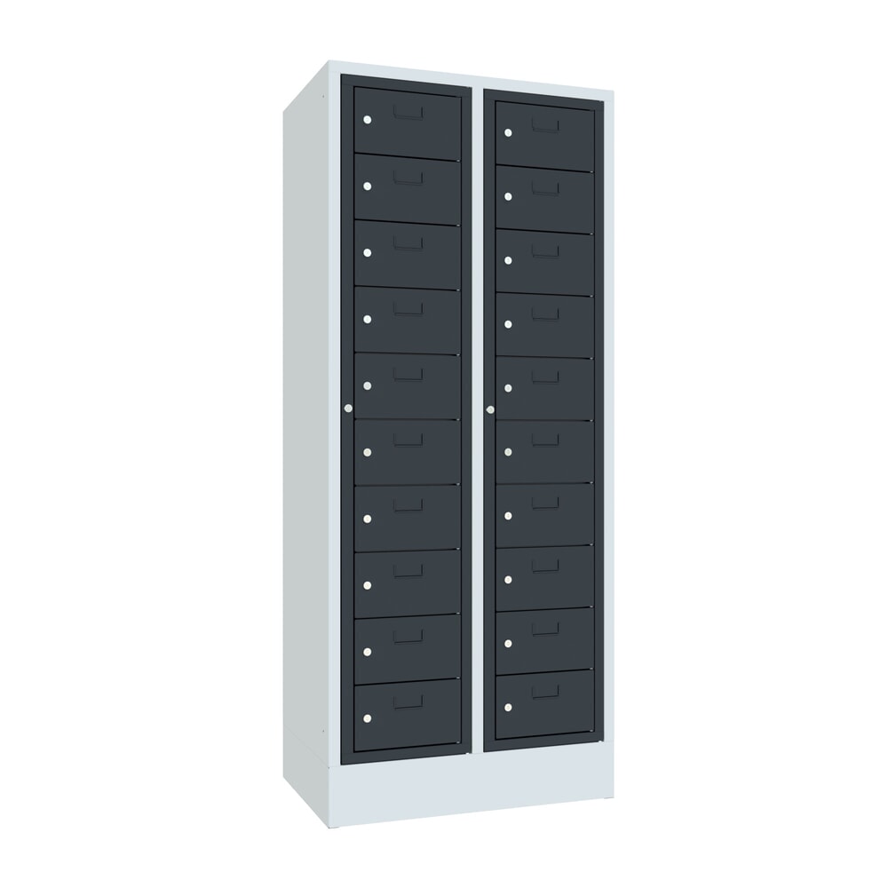 Produktabbildung: PAVOY Schliessfachschrank mit Zentraltür, 2 x 10 Fächer, HxBxT 1.850 x 770 x 500 mm, mit Sockel, anthrazitgrau, lichtgrau