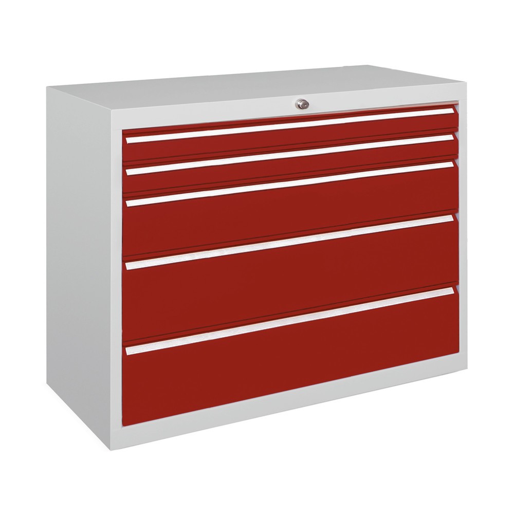 Produktabbildung: PAVOY Schubladenschrank, Höhe 800 mm, Schubladen 2x100 + 4x125 mm, Breite 1.023 mm, lichtgrau, feuerrot