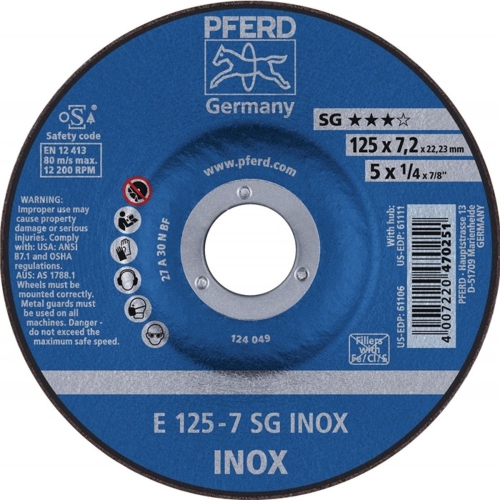 Produktabbildung: PFERD Schruppscheibe SG INOX D125xS7,2mm gekr.INOX Bohr.22,23mm