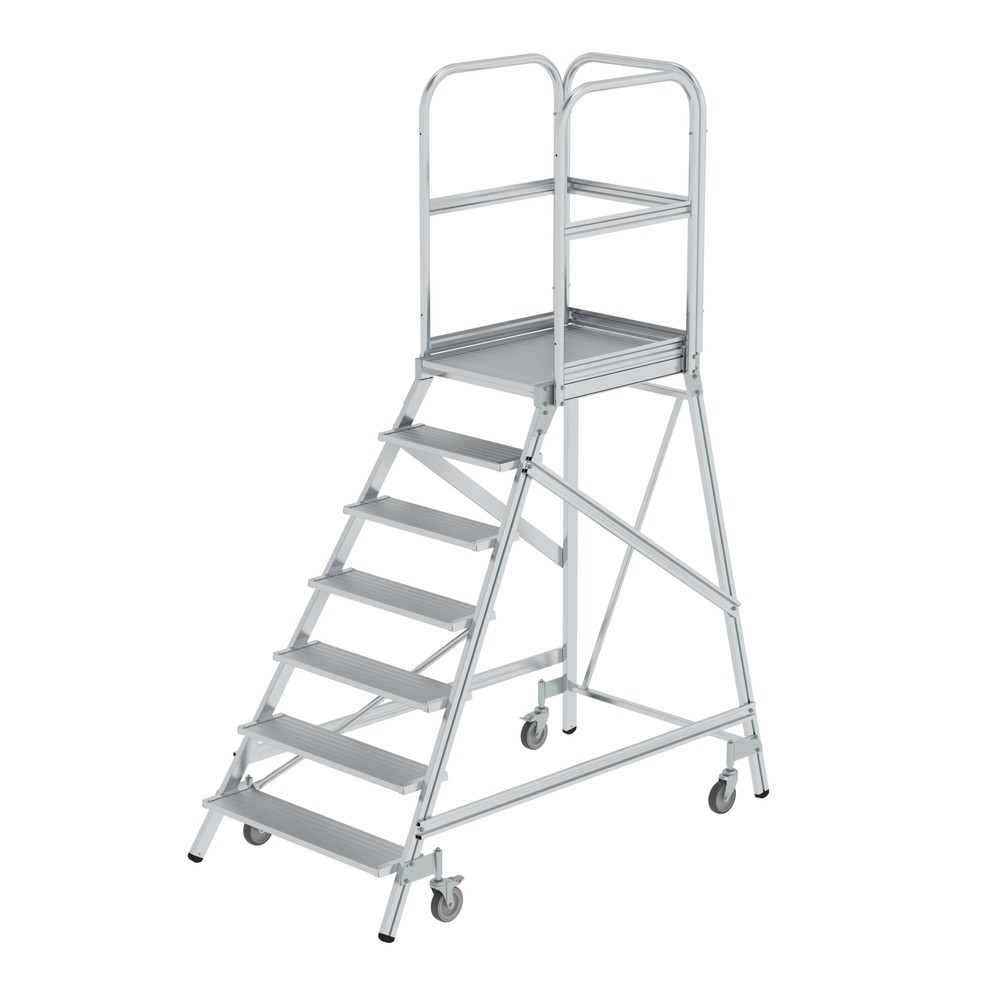 Produktabbildung Nr. 1: Podesttreppe einseitig begehbar mit Federrollen Aluminium geriffelt 7 Stufen