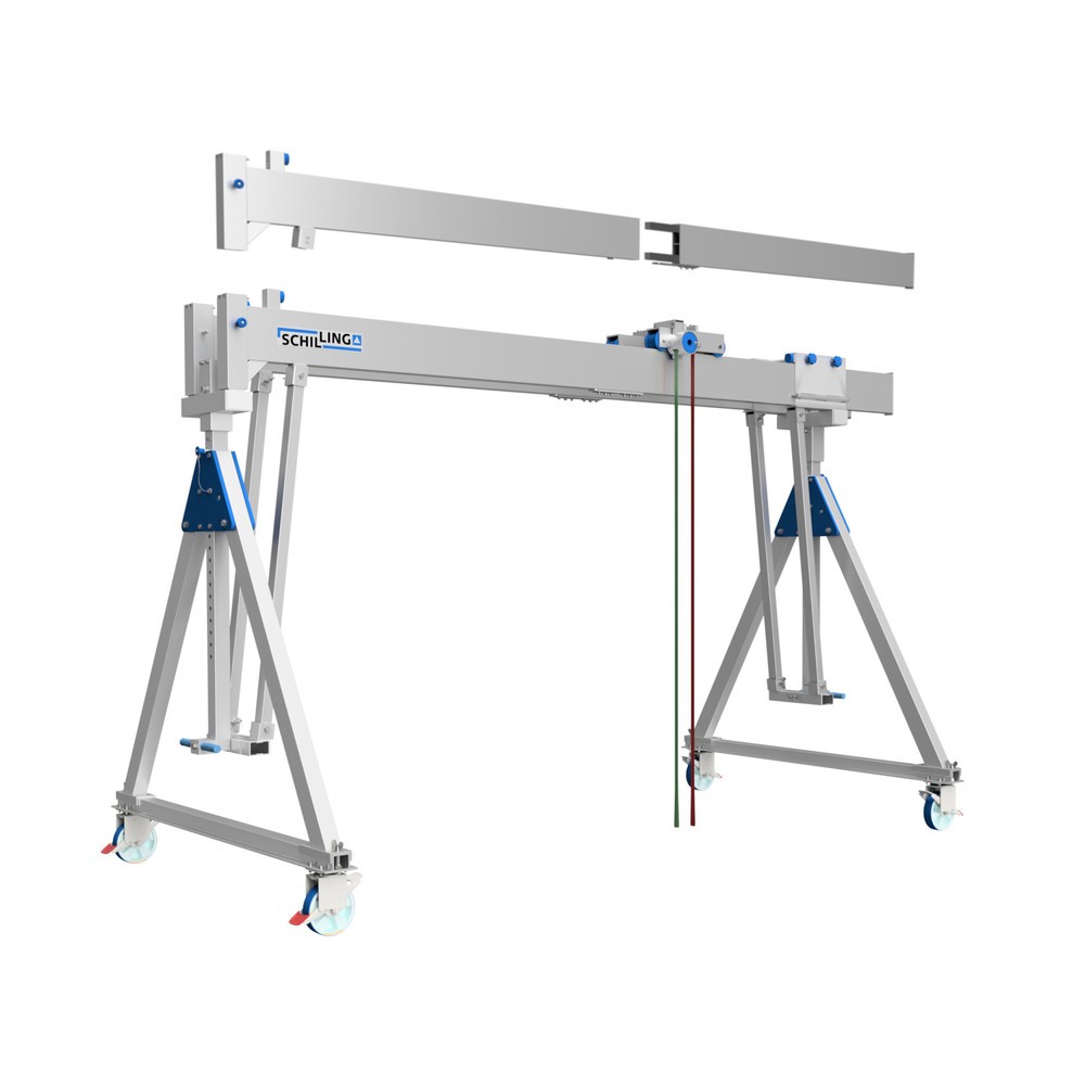 Illustration du produit: Portique de levage SCHILLING en aluminium avec double traverse divisible, mobile, point d'accrochage 2 044-2 444 mm, longueur 4 000 mm, capacité de charge 1 500 kg