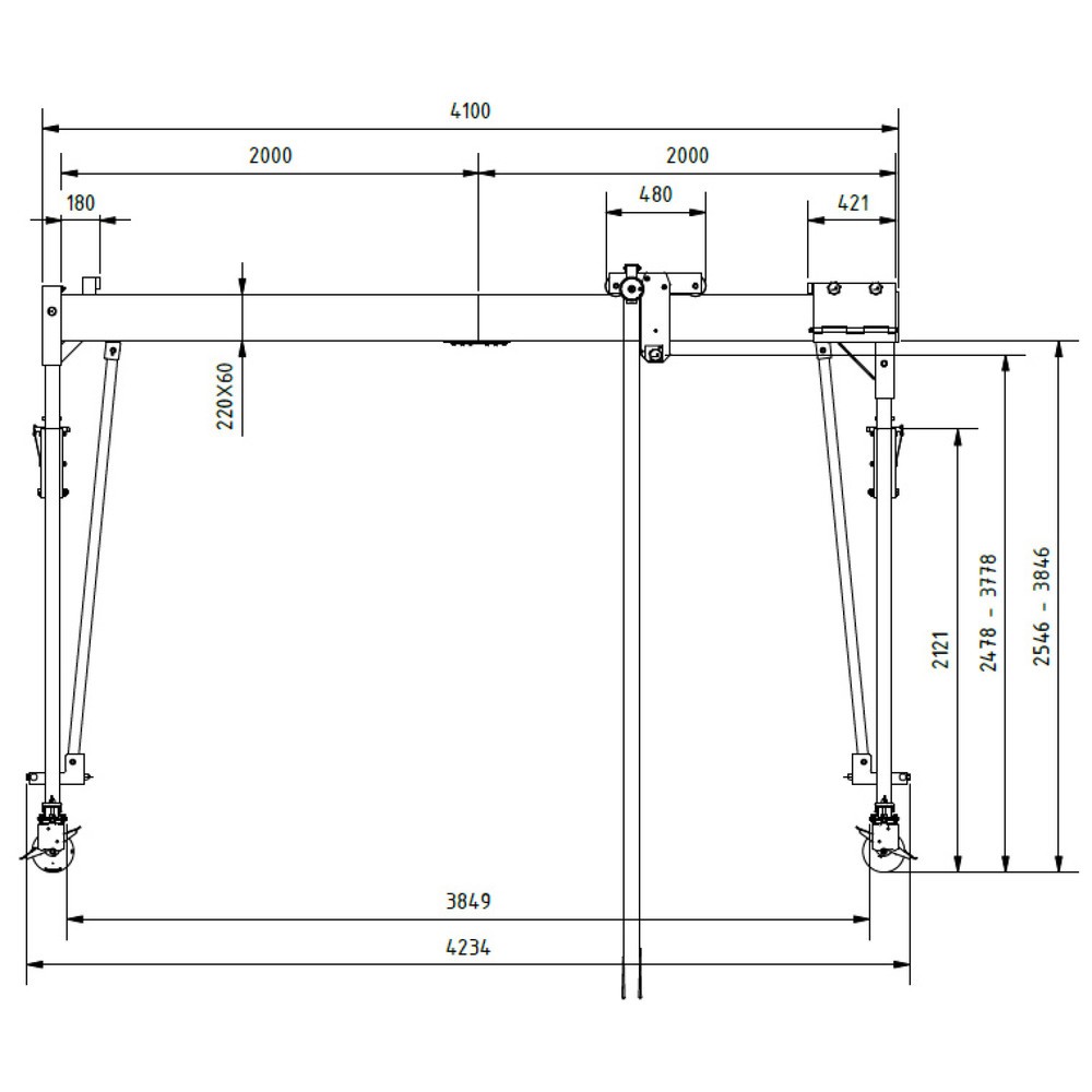 Produktabbildung Nr. 3: Portique en aluminium Grue séparable, mobile, point de montage 2.468-3.768 mm, longueur 4.000 mm, capacité de charge 1.000 kg