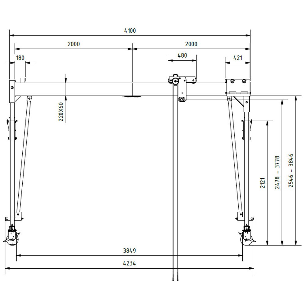 Produktabbildung Nr. 3: Portique en aluminium Grue séparable, mobile, point de montage 2.468-3.768 mm, longueur 4.000 mm, capacité de charge 1.500 kg