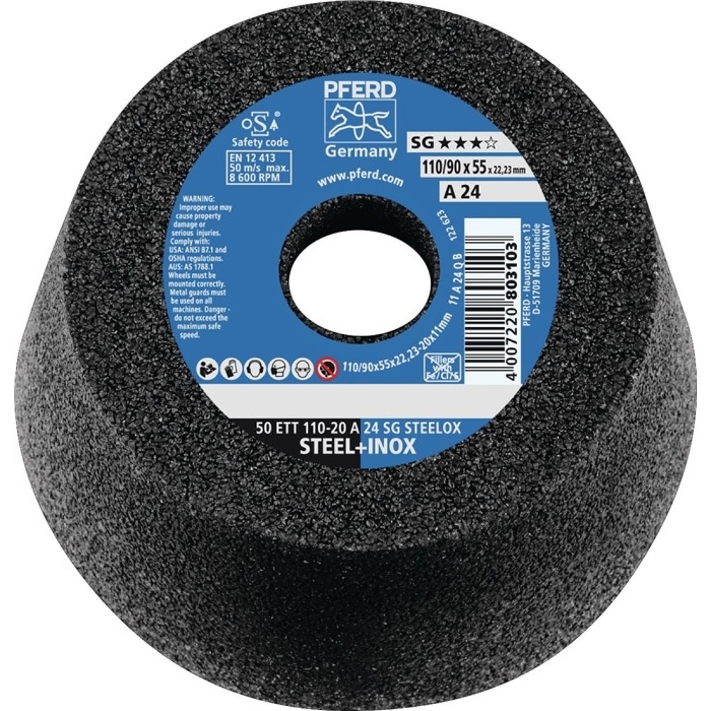 Illustration du produit: Meule boisseau ETT SG STEELOX 110/55 mm INOX et acier P16 perçage 22,23 mm PFERD