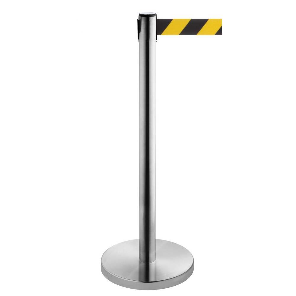 Produktabbildung Nr. 1: Potelet de délimitation à sangle RS-GUIDESYSTEMS®, acier inoxydable, largeur de sangle 50 mm, strié en diagonale noir/jaune, 4,0 m