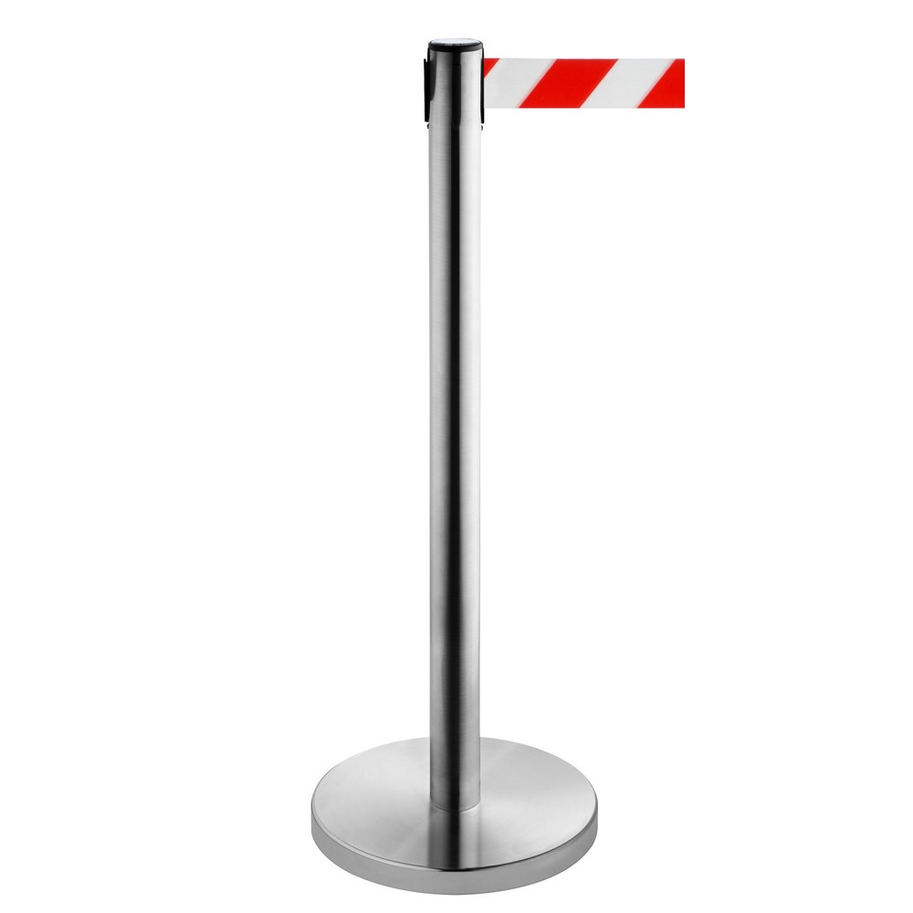 Produktabbildung Nr. 1: Potelet de délimitation à sangle RS-GUIDESYSTEMS®, acier inoxydable, largeur de sangle 50 mm, strié en diagonale rouge/blanc, 4,0 m