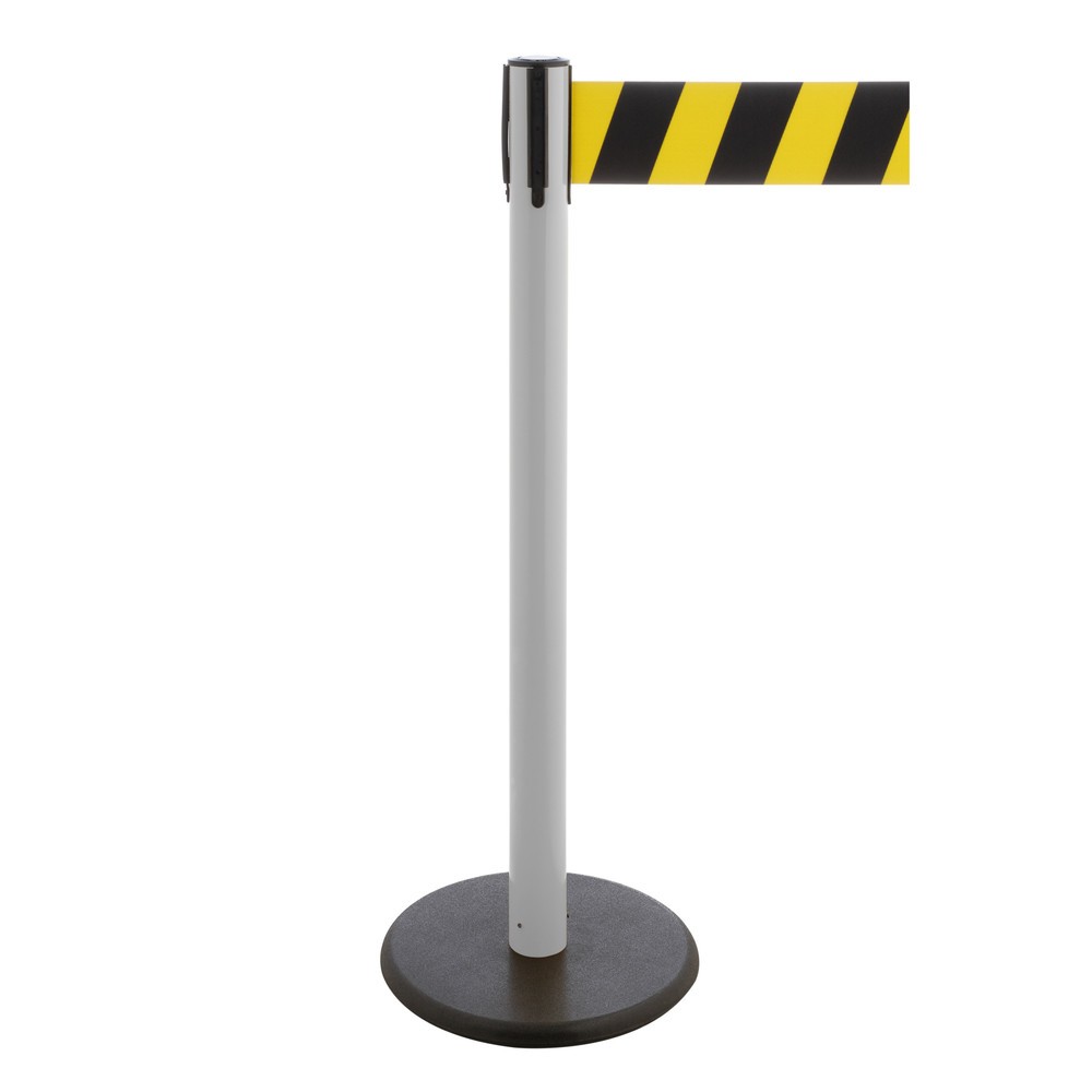 Produktabbildung Nr. 1: Potelet de délimitation à sangle RS-GUIDESYSTEMS®, socle en fonte, largeur de sangle 100 mm, blanc, strié en diagonale noir/jaune, 3,8 m