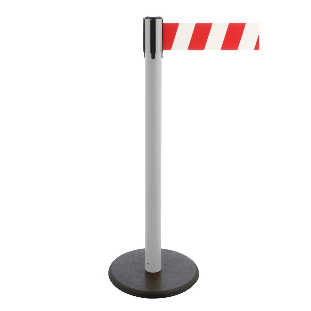 Produktabbildung Nr. 1: Potelet de délimitation à sangle RS-GUIDESYSTEMS®, socle en fonte, largeur de sangle 100 mm, blanc, strié en diagonale rouge/blanc, 2,3 m