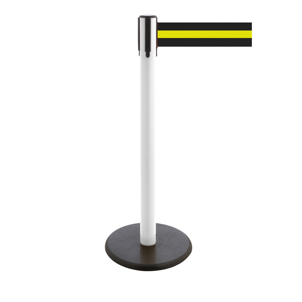Produktabbildung Nr. 1: Potelet de délimitation à sangle RS-GUIDESYSTEMS®, socle en fonte, largeur de sangle 100 mm, blanc, strié à l'horizontale noir / jaune, 3,8 m