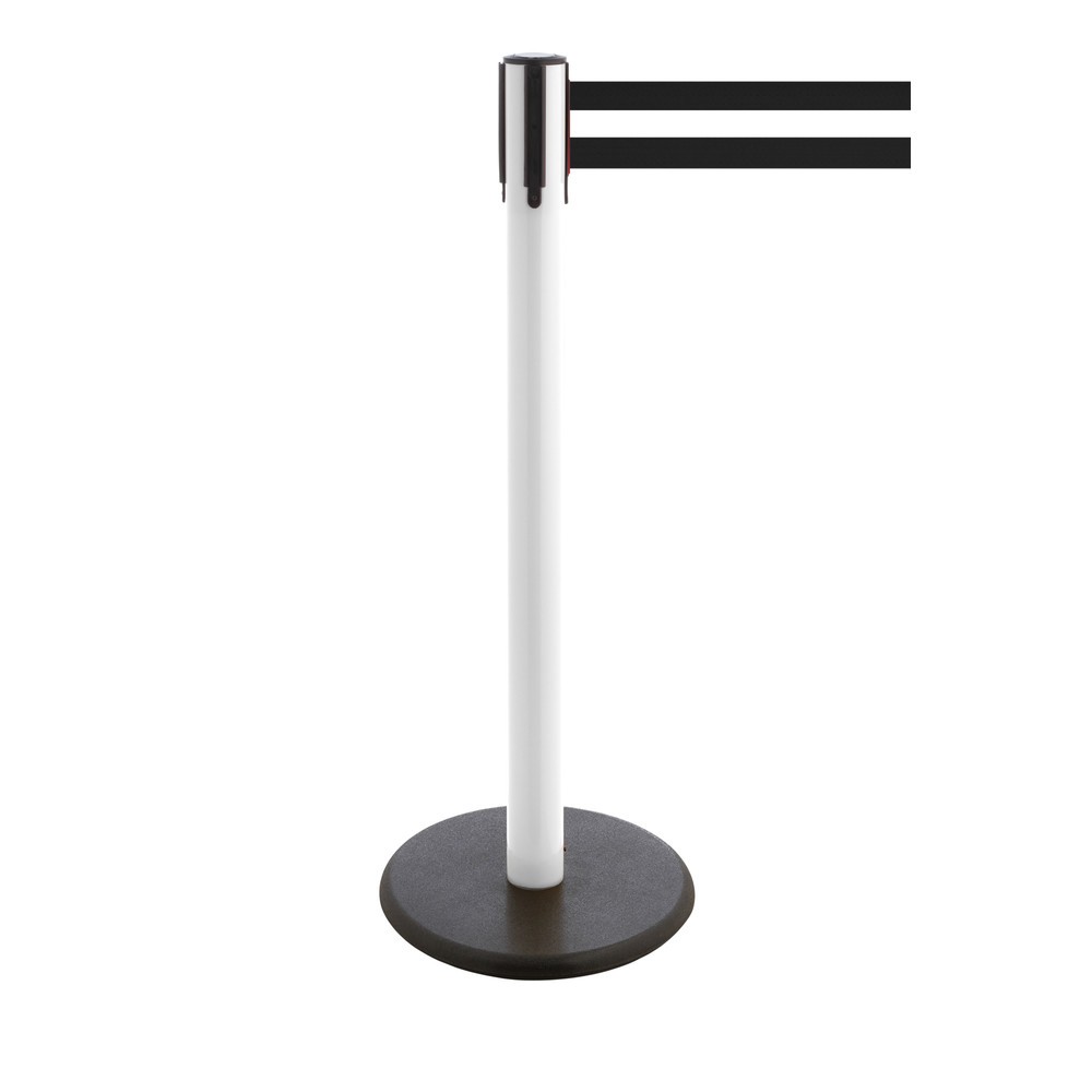 Produktabbildung Nr. 1: Potelet de délimitation à sangle RS-GUIDESYSTEMS®, socle en fonte, largeur de sangle 100 mm, blanc, strié à l'horizontale noir / blanc, 2,3 m