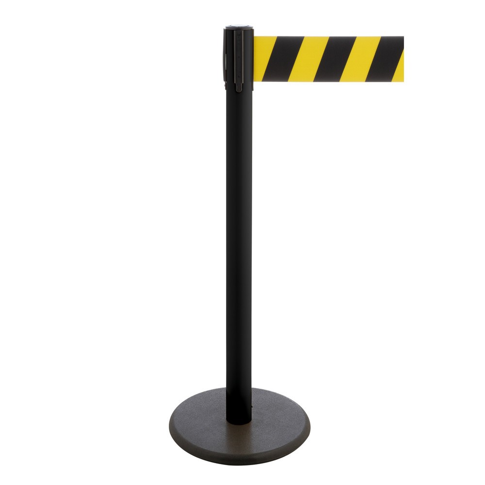Produktabbildung Nr. 1: Potelet de délimitation à sangle RS-GUIDESYSTEMS®, socle en fonte, largeur de sangle 100 mm, noir, strié en diagonale noir/jaune, 3,8 m