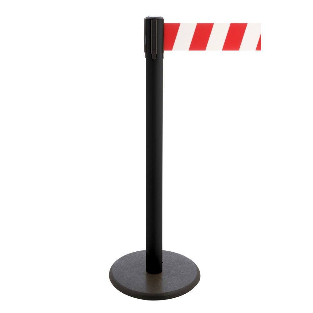 Produktabbildung Nr. 1: Potelet de délimitation à sangle RS-GUIDESYSTEMS®, socle en fonte, largeur de sangle 100 mm, noir, strié en diagonale rouge/blanc, 3,8 m