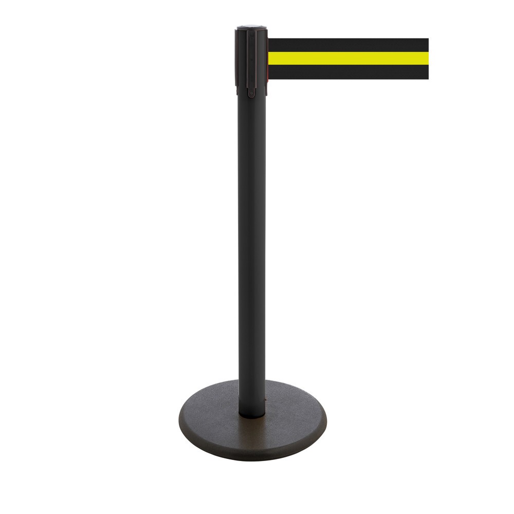 Produktabbildung Nr. 1: Potelet de délimitation à sangle RS-GUIDESYSTEMS®, socle en fonte, largeur de sangle 100 mm, noir, strié à l'horizontale noir / jaune, 3,8 m