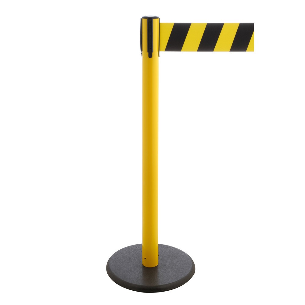 Produktabbildung Nr. 1: Potelet de délimitation à sangle RS-GUIDESYSTEMS®, socle en fonte, largeur de sangle 100 mm, jaune, strié en diagonale noir/jaune, 2,3 m