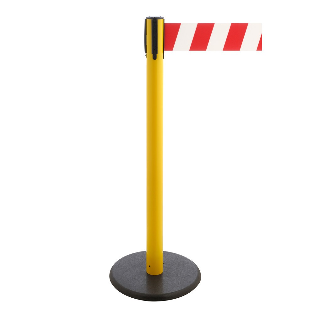 Produktabbildung Nr. 1: Potelet de délimitation à sangle RS-GUIDESYSTEMS®, socle en fonte, largeur de sangle 100 mm, jaune, strié en diagonale rouge/blanc, 3,8 m