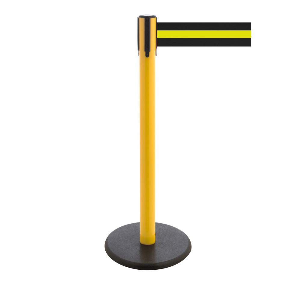Produktabbildung Nr. 1: Potelet de délimitation à sangle RS-GUIDESYSTEMS®, socle en fonte, largeur de sangle 100 mm, jaune, strié à l'horizontale noir / jaune, 3,8 m