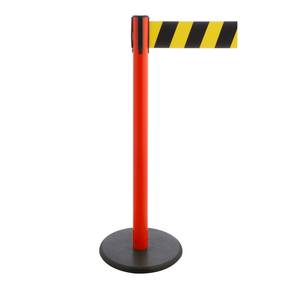 Produktabbildung Nr. 1: Potelet de délimitation à sangle RS-GUIDESYSTEMS®, socle en fonte, largeur de sangle 100 mm, rouge, strié en diagonale noir/jaune, 3,8 m