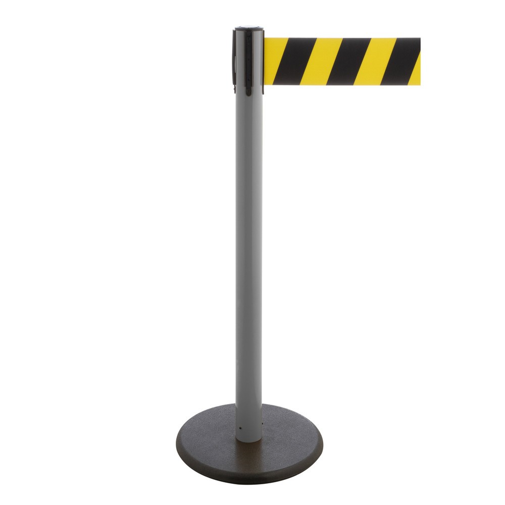Produktabbildung Nr. 1: Potelet de délimitation à sangle RS-GUIDESYSTEMS®, socle en fonte, largeur de sangle 100 mm, anthracite, strié en diagonale noir/jaune, 3,8 m