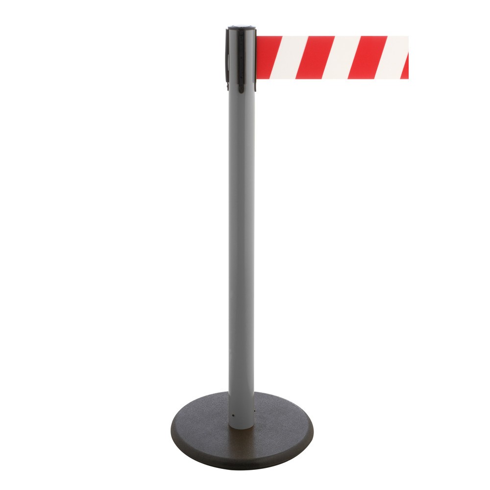 Produktabbildung Nr. 1: Potelet de délimitation à sangle RS-GUIDESYSTEMS®, socle en fonte, largeur de sangle 100 mm, anthracite, strié en diagonale rouge/blanc, 2,3 m