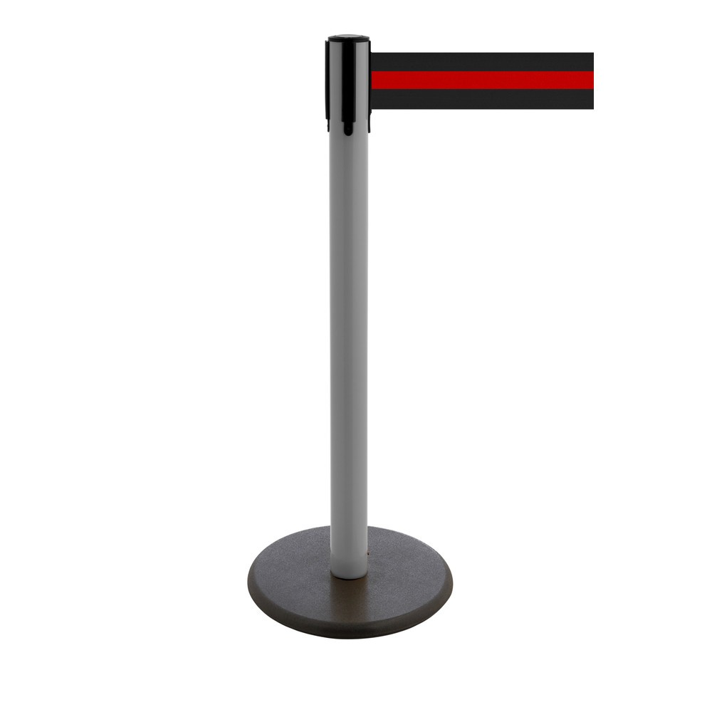 Produktabbildung Nr. 1: Potelet de délimitation à sangle RS-GUIDESYSTEMS®, socle en fonte, largeur de sangle 100 mm, anthracite, strié à l'horizontale noir/rouge, 3,8 m