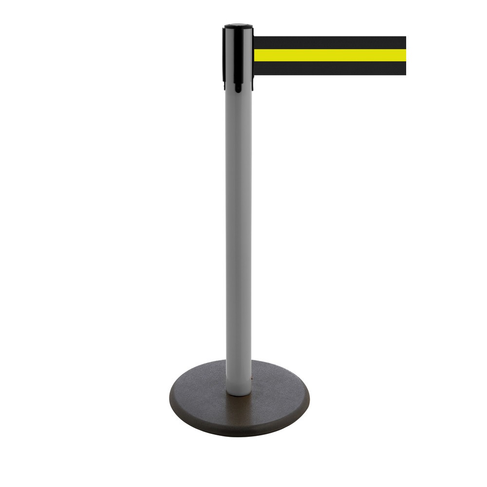 Produktabbildung Nr. 1: Potelet de délimitation à sangle RS-GUIDESYSTEMS®, socle en fonte, largeur de sangle 100 mm, anthracite, strié à l'horizontale noir / jaune, 3,8 m