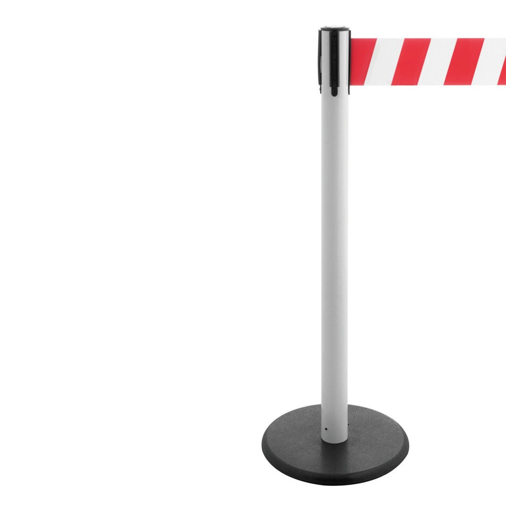 Produktabbildung Nr. 1: Potelet de délimitation à sangle RS-GUIDESYSTEMS®, socle en fonte, largeur de sangle 100 mm, blanc, strié en diagonale rouge/blanc, 3,8 m