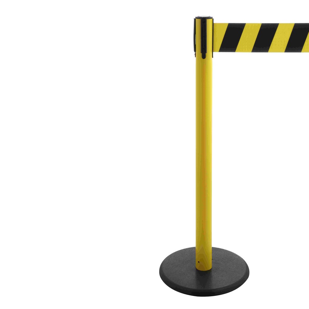 Produktabbildung Nr. 1: Potelet de délimitation à sangle RS-GUIDESYSTEMS®, socle en fonte, largeur de sangle 100 mm, jaune, strié en diagonale noir/jaune, 3,8 m