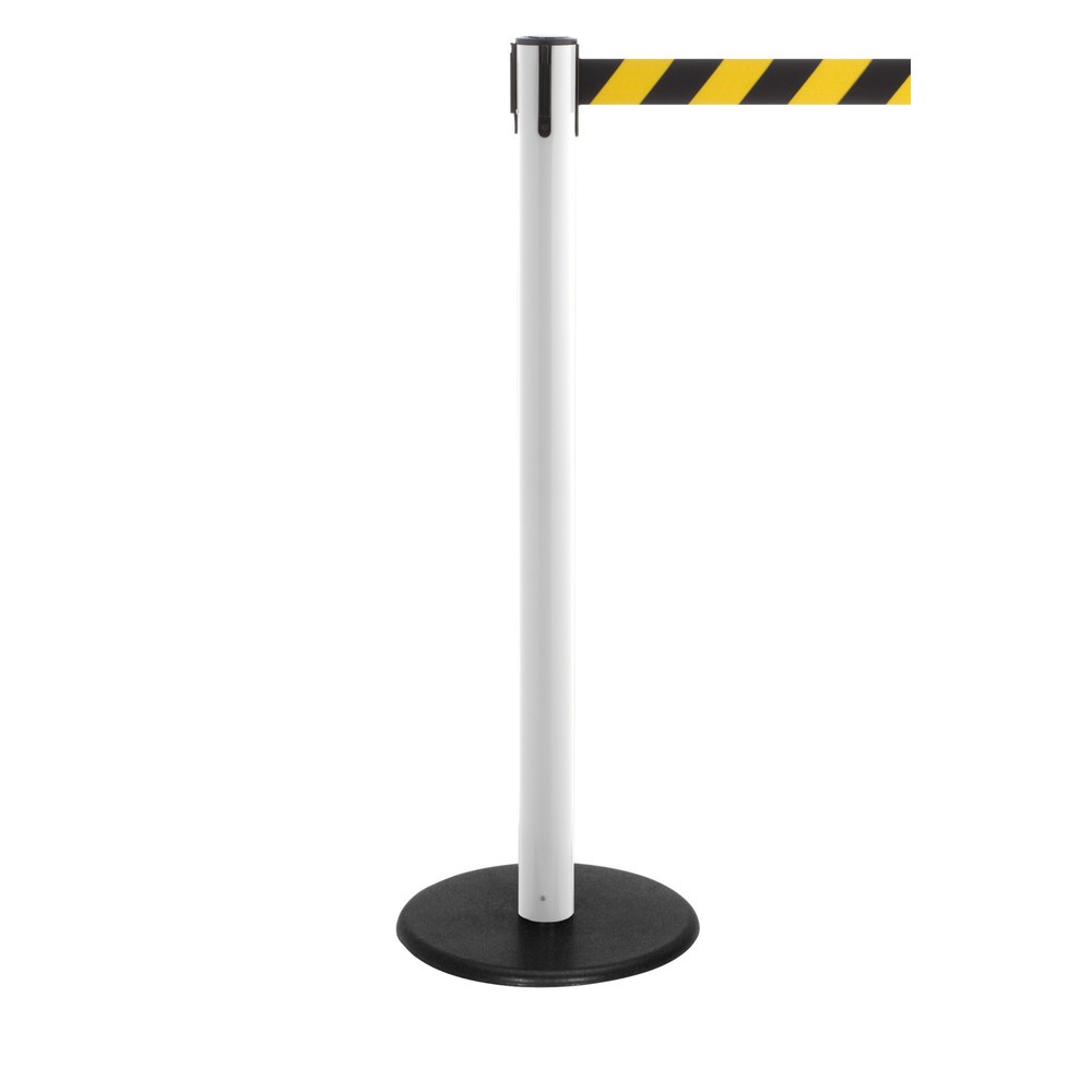 Produktabbildung Nr. 1: Potelet de délimitation à sangle RS-GUIDESYSTEMS®, socle en fonte, largeur de sangle 50 mm, blanc, strié en diagonale noir/jaune, 2,3 m