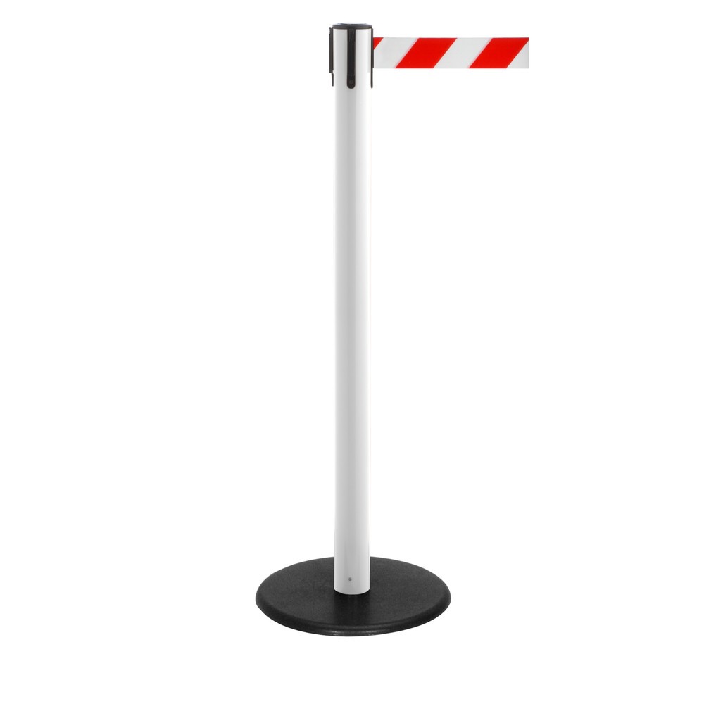 Produktabbildung Nr. 1: Potelet de délimitation à sangle RS-GUIDESYSTEMS®, socle en fonte, largeur de sangle 50 mm, blanc, strié en diagonale rouge/blanc, 2,3 m