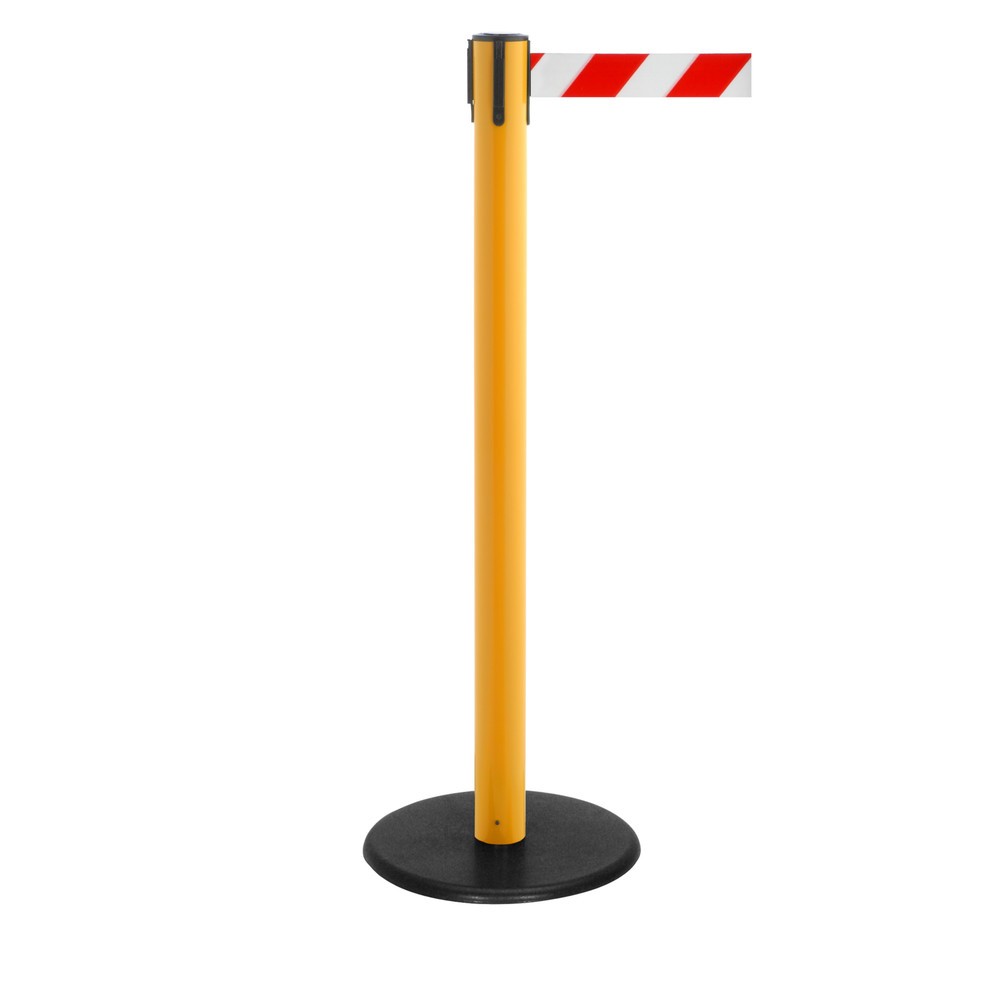 Produktabbildung Nr. 1: Potelet de délimitation à sangle RS-GUIDESYSTEMS®, socle en fonte, largeur de sangle 50 mm, jaune, strié en diagonale rouge/blanc, 2,3 m