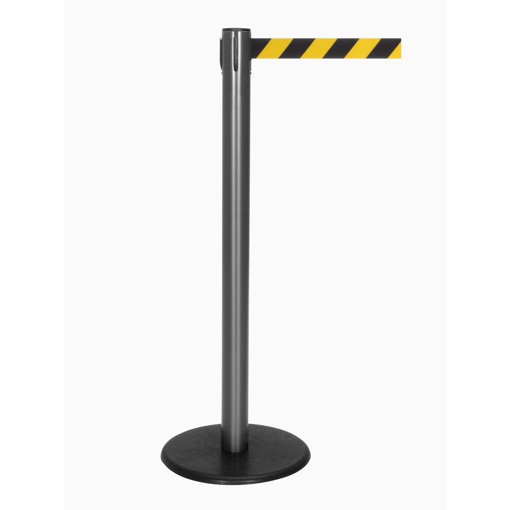 Produktabbildung Nr. 1: Potelet de délimitation à sangle RS-GUIDESYSTEMS®, socle en fonte, largeur de sangle 50 mm, anthracite, strié en diagonale noir/jaune, 2,3 m