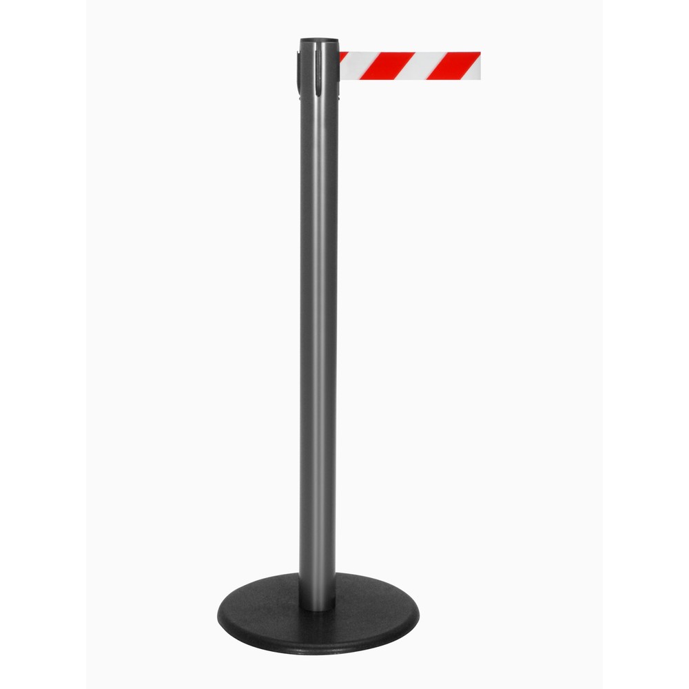 Produktabbildung Nr. 1: Potelet de délimitation à sangle RS-GUIDESYSTEMS®, socle en fonte, largeur de sangle 50 mm, anthracite, strié en diagonale rouge/blanc, 4,0 m