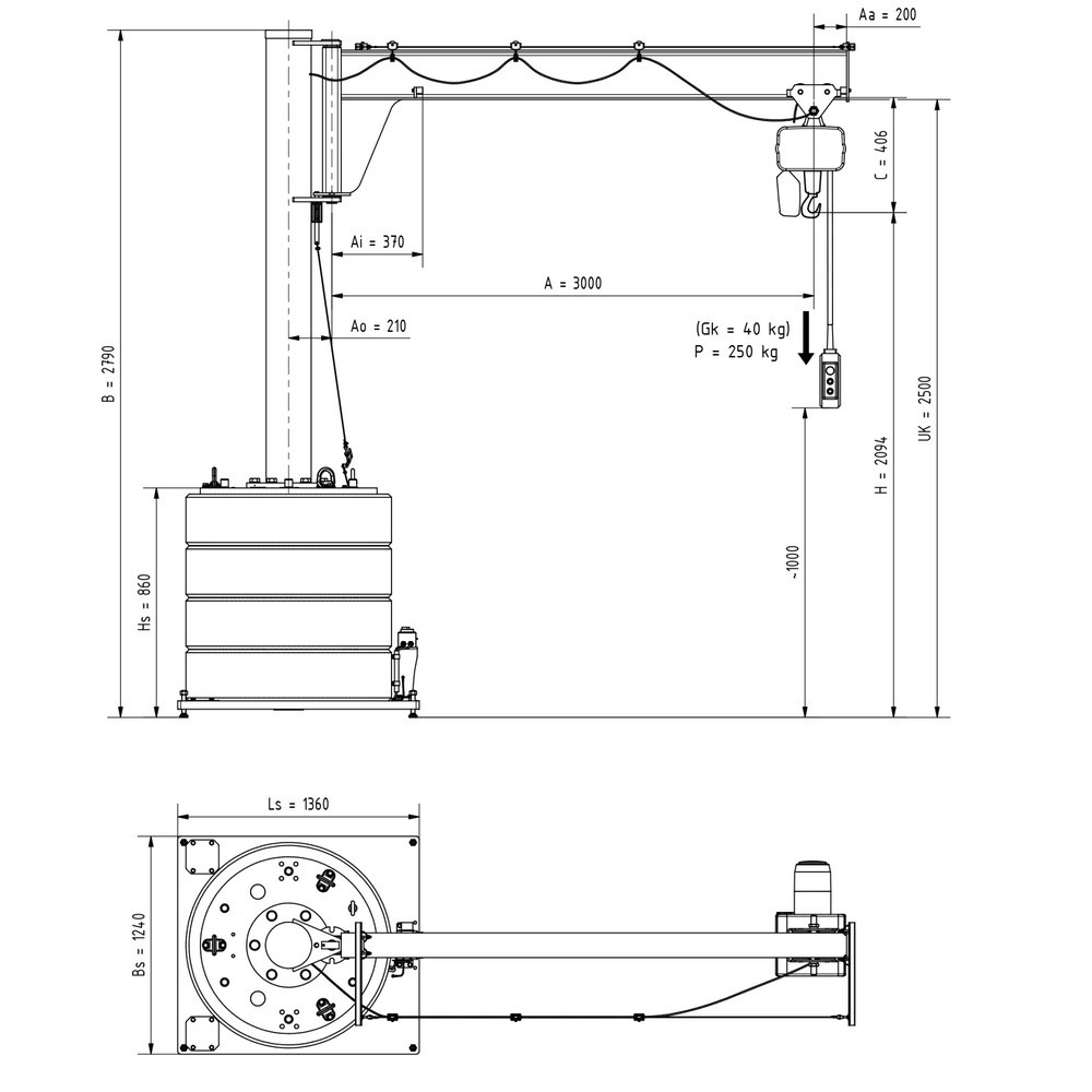Produktabbildung Nr. 2: Potence VETTER®, palan électrique à chaîne LIFTKET inclus, plage de pivotement de 270°, portée 3 000 mm, capacité de charge 250 kg