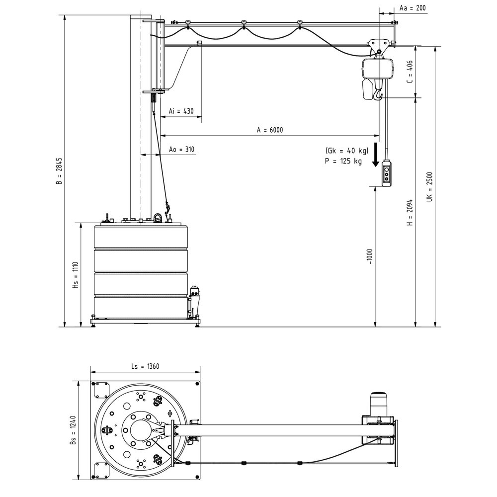 Produktabbildung Nr. 2: Potence VETTER®, palan électrique à chaîne LIFTKET inclus, plage de pivotement de 270°, portée 6 000 mm, capacité de charge 125 kg