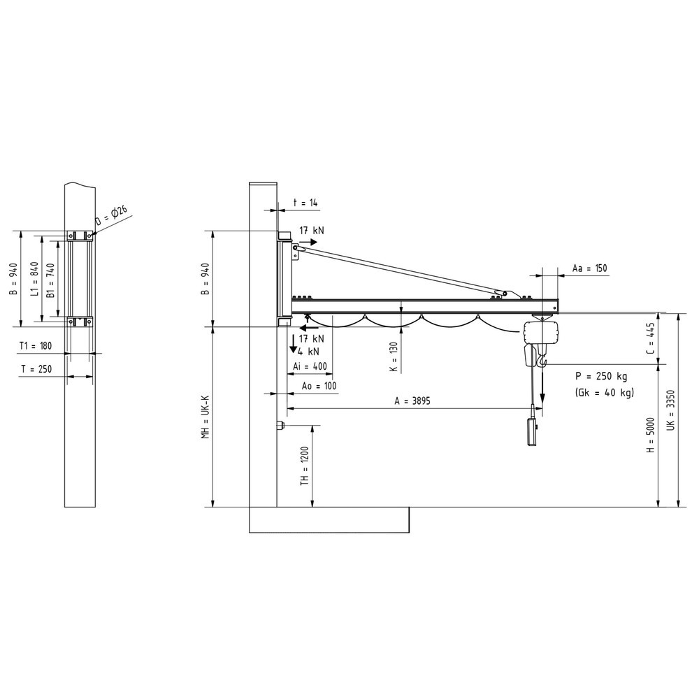 Produktabbildung Nr. 2: Potence VETTER®, palan électrique à chaîne LIFTKET inclus, version murale, portée 3 900 mm, capacité de charge 250 kg