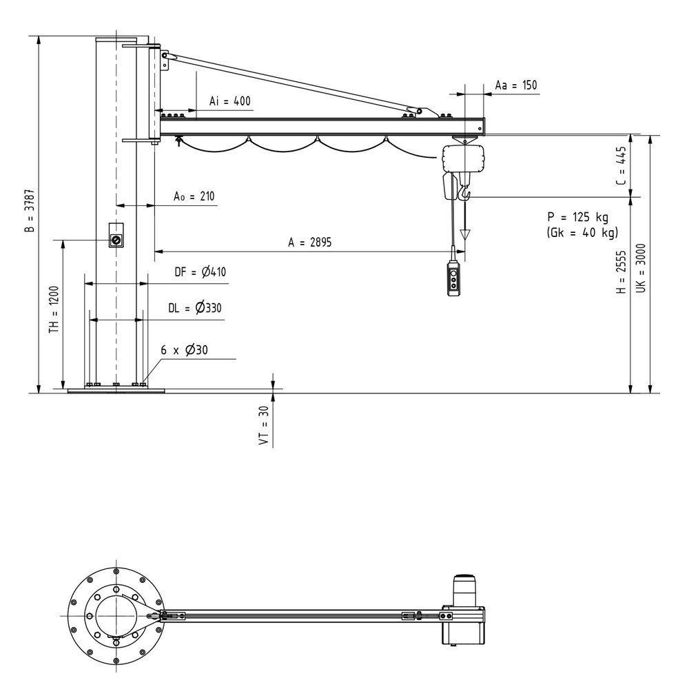 Produktabbildung Nr. 2: Potence VETTER®, palan électrique à chaîne LIFTKET inclus, version sur fût, portée 2 900 mm, capacité de charge 125 kg