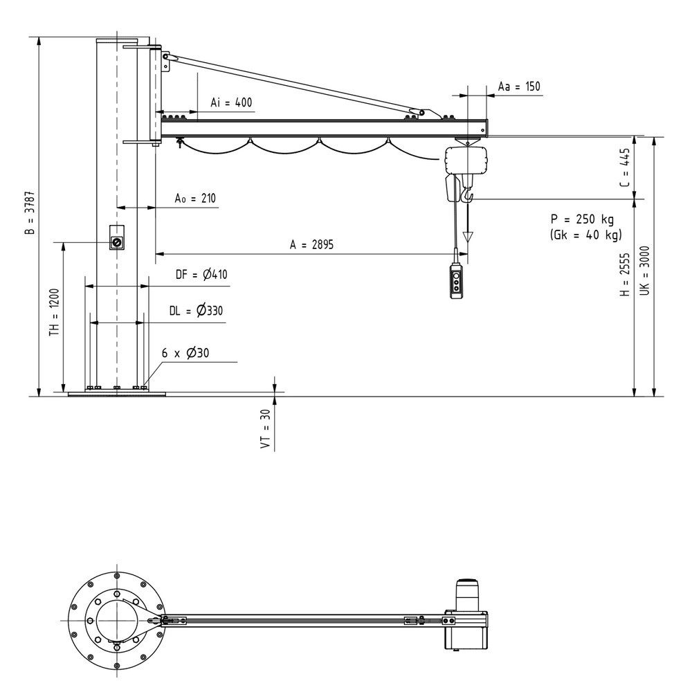 N° de l'image du produit 3 : Potence VETTER®, palan électrique à chaîne LIFTKET inclus, version sur fût, portée 2 900 mm, capacité de charge 250 kg