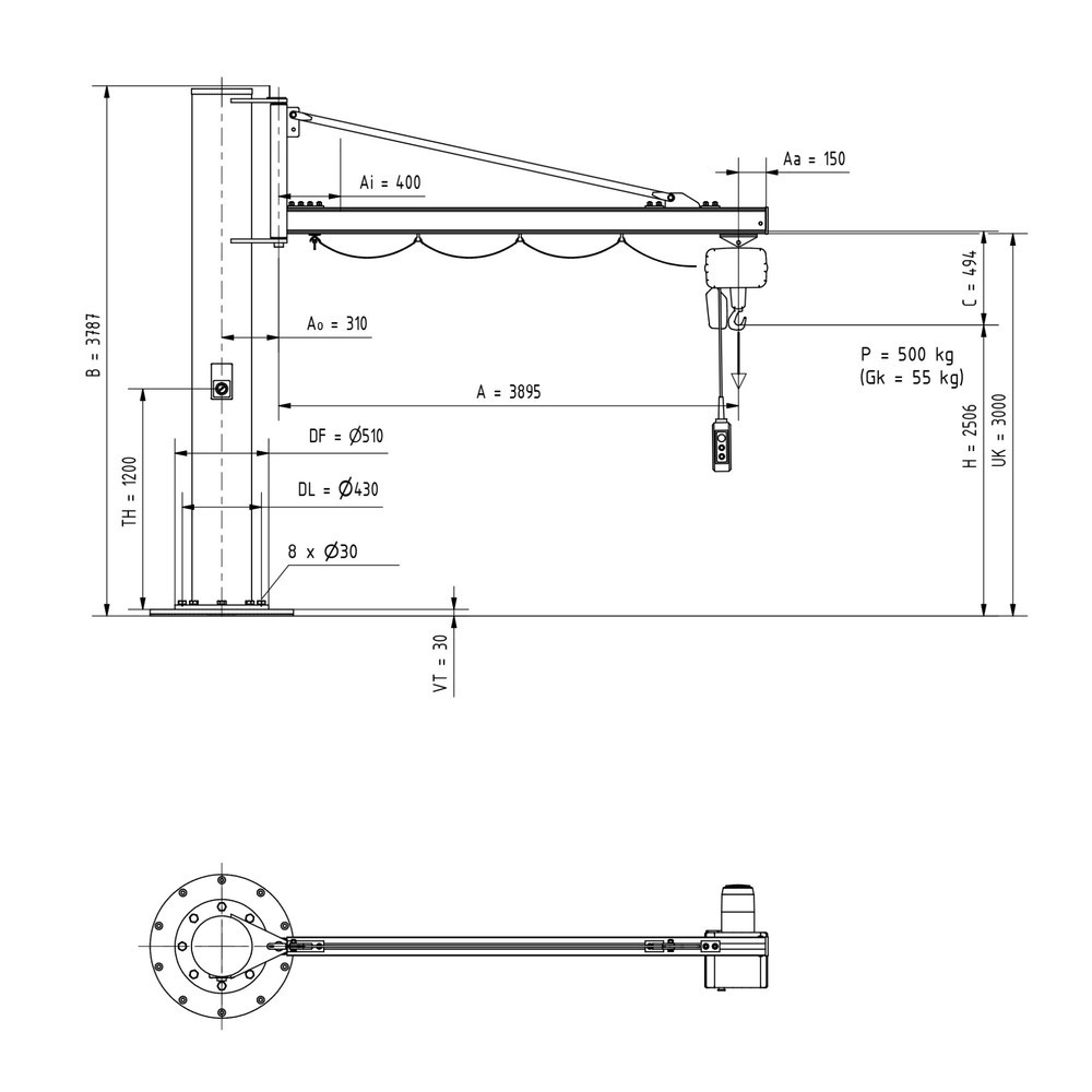 Produktabbildung Nr. 2: Potence VETTER®, palan électrique à chaîne LIFTKET inclus, version sur fût, portée 3 900 mm, capacité de charge 500 kg