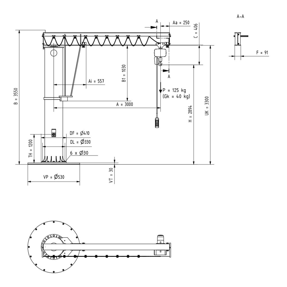 Produktabbildung Nr. 2: Potence VETTER®, palan électrique à chaîne LIFTKET inclus, version sur fût, plage de pivotement de 360°, portée 3 000 mm, palan électrique à chaîne LIFTKET inclus, capacité de charge 125 kg