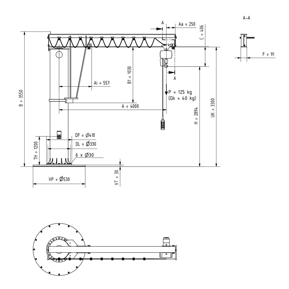 Produktabbildung Nr. 2: Potence VETTER®, palan électrique à chaîne LIFTKET inclus, version sur fût, plage de pivotement de 360°, portée 4 000 mm, palan électrique à chaîne LIFTKET inclus, capacité de charge 125 kg